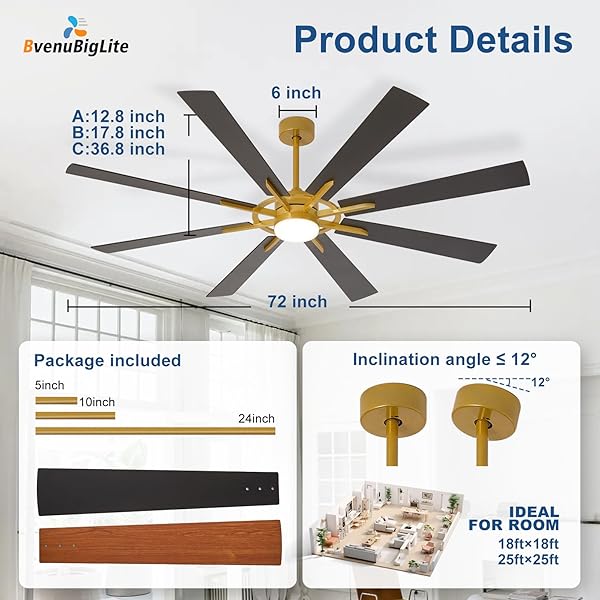 BVENUBIGLITE LARGE CEILING FANS WITH LIGHTS: MODERN 72 INCH 8 BLADE OUTDOOR CEILING FAN WITH REMOTE APP CONTROL – DIMMABLE BLACK GOLD BIG FAN LIGHT INDOOR REVERSIBLE 6 SPEED QUIET DC MOTOR