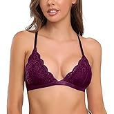 SHEKINI Women's Floral Triangle Bra Wireless Lace Bralette Racerback Plunge Lightly Lined