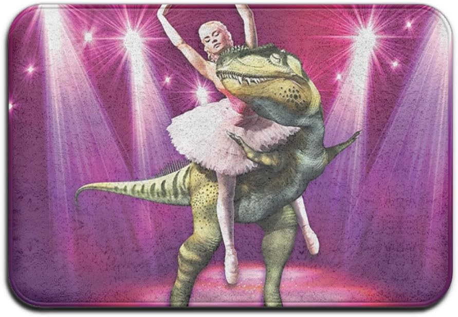 QIFAN Ballerina Dancing With A Dinosaur Under Neon Lights Stage Unusual Non-slip Indoor Outdoor Doormat Inside Outside Front Door Mat Rectangle Carpet Floor Rug For Boy Bedroom