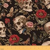Feelyou Sugar Skull Rose Fabric by The Yard Soft 1 Yard | Death Moth Upholstery Fabric for Sofa Chair Cushion Gothic Skull Floral Flower for DIY Sewing Craft, Not Stretchy