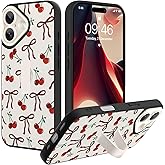 Ufbara Compatible with iPhone 17 Case 6.3 in for Women Men, Cute Cherry Bow Ribbon Bowknot Pattern, Built in Adjustable Wrist Strap Grip Hand Holder Shockproof Kickstand Cover (White)