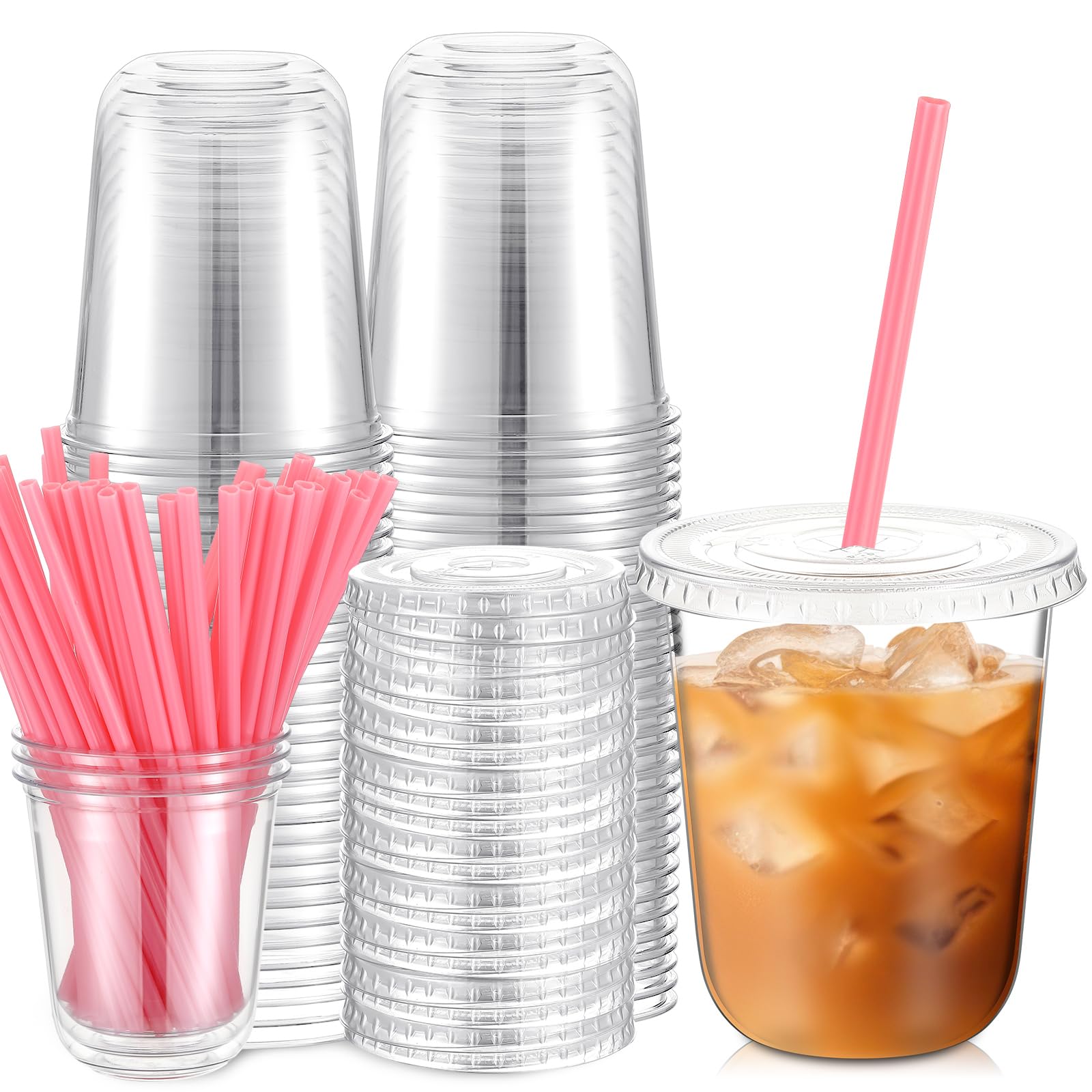 Photo 1 of Ziliny 50 Sets Clear Plastic Cups with Heart Shaped Pink Straws and Lids, Disposable Iced Coffee Cups Drinking Pet for Cold Drinks, Wedding, Bridal Shower, Baby Showers, Party(Clear,14 oz)