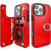 ONETOP for iPhone 16 Pro Max Wallet Case with Card Holder, 360° Rotation Ring Kickstand RFID Blocking PU Leather Double Magnetic Clasp Shockproof Cover for Women and Girls 6.9 Inch (Red)