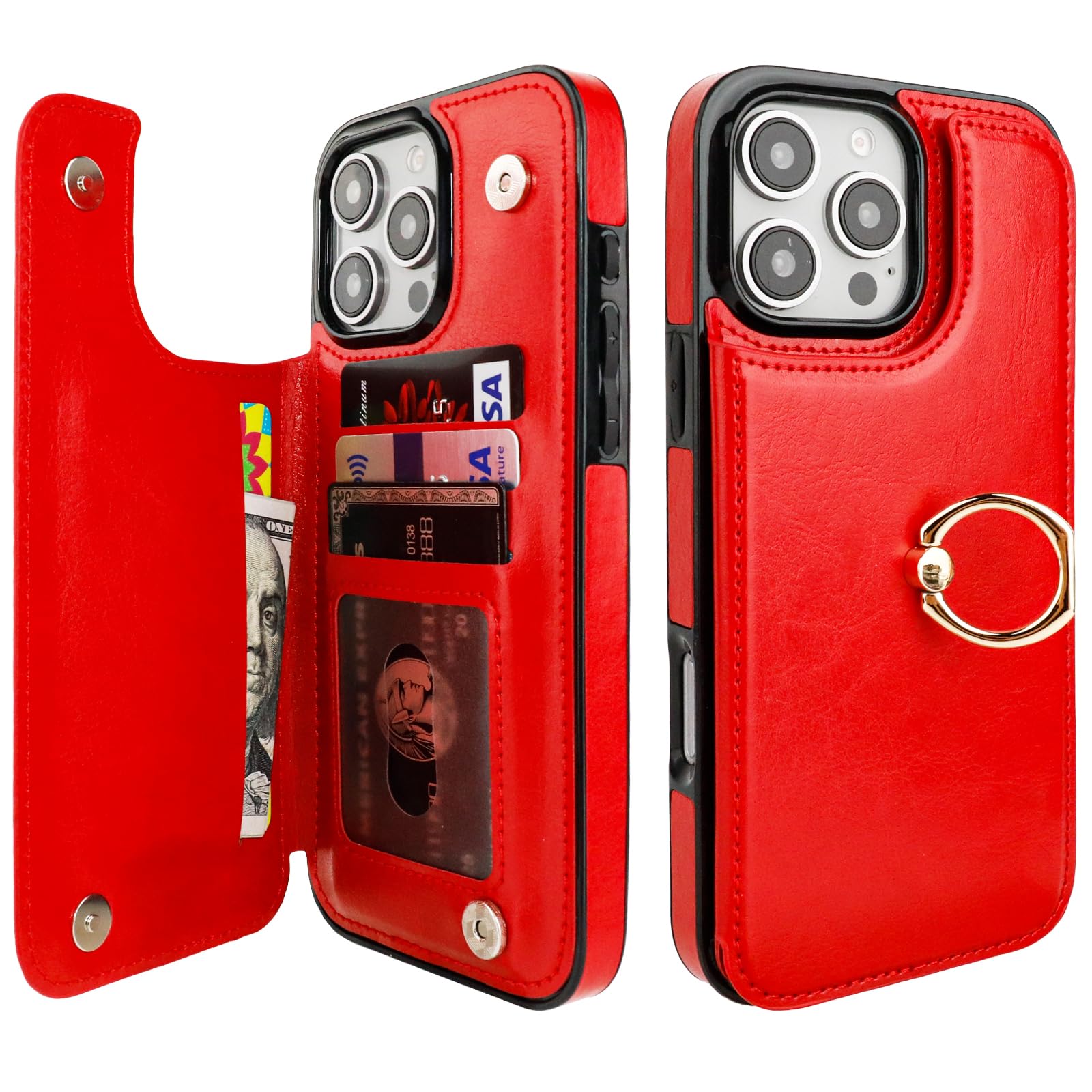 ONETOP for iPhone 16 Pro Max Wallet Case with Card Holder, 360° Rotation Ring Kickstand RFID Blocking PU Leather Double Magnetic Clasp Shockproof Cover for Women and Girls 6.9 Inch (Red)