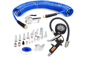 FYPower 22 Pieces Air Compressor Accessories kit, 1/4 inch x 25 ft Recoil Poly Air Compressor Hose Kit, 1/4" NPT Quick Connect Air Fittings, Tire Inflator Gauge, Blow Gun, Swivel Plugs