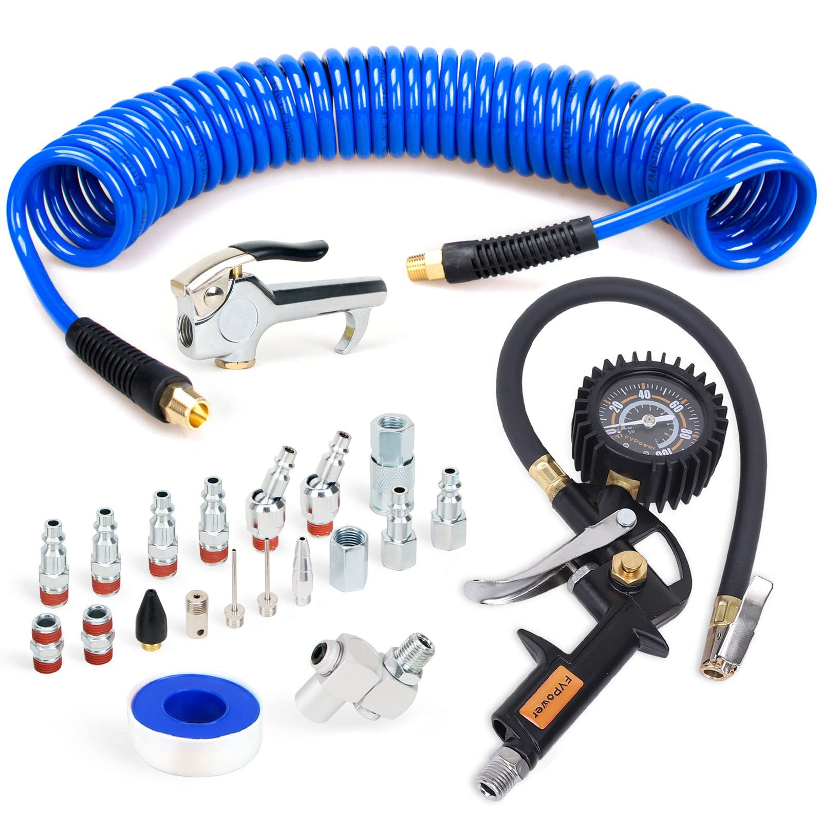 Photo 1 of FYPower 22 Pieces Air Compressor Accessories kit, 1/4 inch x 25 ft Recoil Poly Air Compressor Hose Kit, 1/4" NPT Quick Connect Air Fittings, Tire Inflator Gauge, Blow Gun, Swivel Plugs