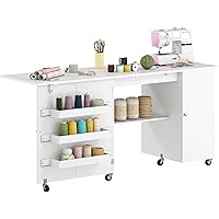 HOMCOM Folding Sewing Table with Drop Leaf, Rolling Craft Table with 2 Doors, Storage Shelves, Bins, Lockable Wheels, Sewing 