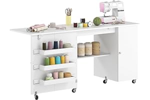 HOMCOM Table de couture pliante avec feuilles tombantes, table à rouler avec 2 portes, étagères de rangement, bacs, roues ver