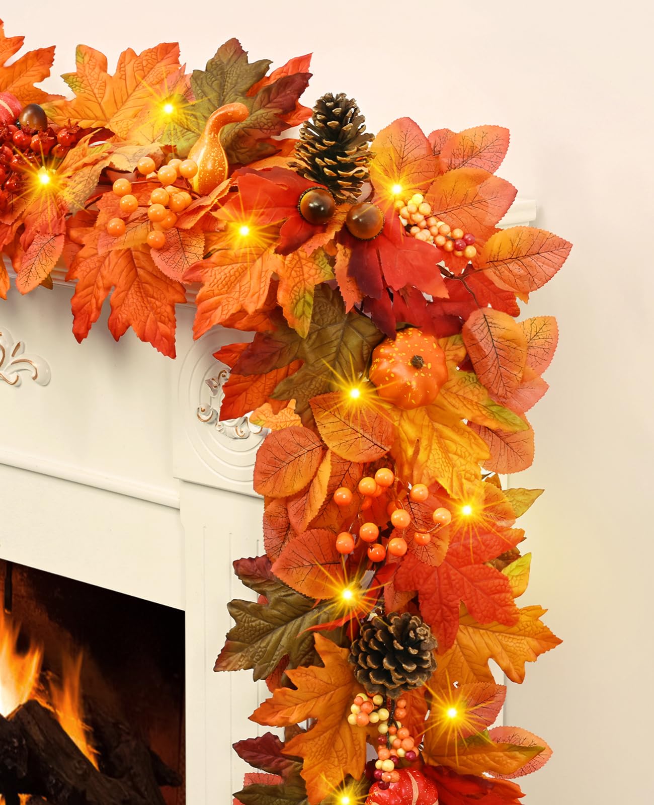 Photo 1 of Fall Garland for Mantle, 5.9 FT Fall Leaves Garland with Lights Colorful Maple Leaves Pumpkins, Fall Decor for Fireplace Mantel Table Centerpieces Thanksgiving