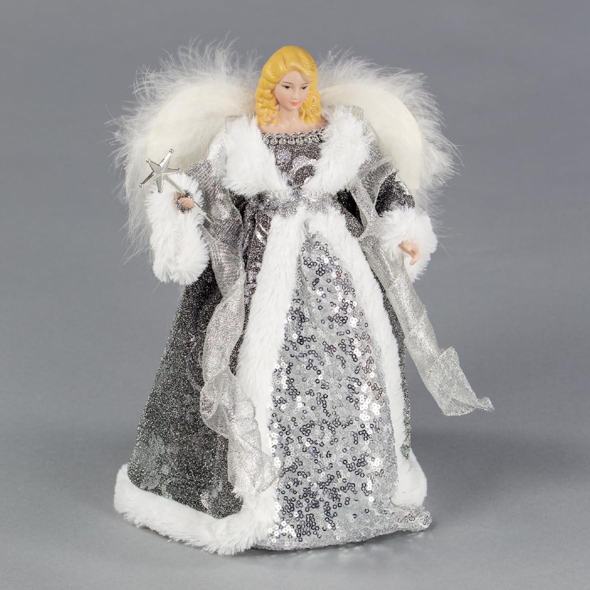 The Christmas Workshop 71089 Angel Tree Topper / 12” Tall/Silver and White Dress/Indoor Christmas Decoration