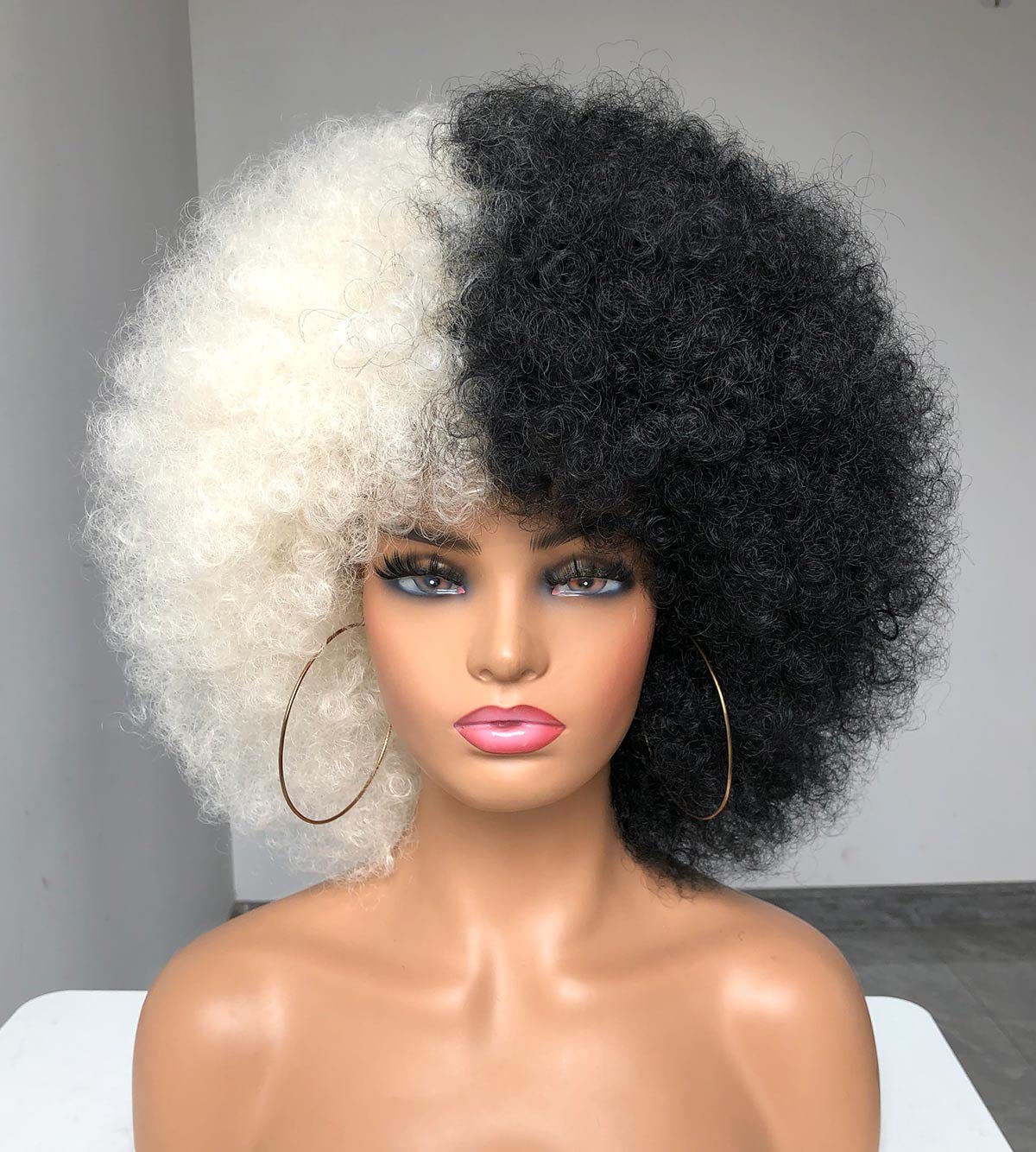 ISAMY 70's Afro Wigs for Black Women Short Curly Afro Kinky Wig Bouncy Huge Fluffy Puff Wigs Premium Synthetic for Cosplay and Daily (Black and White)