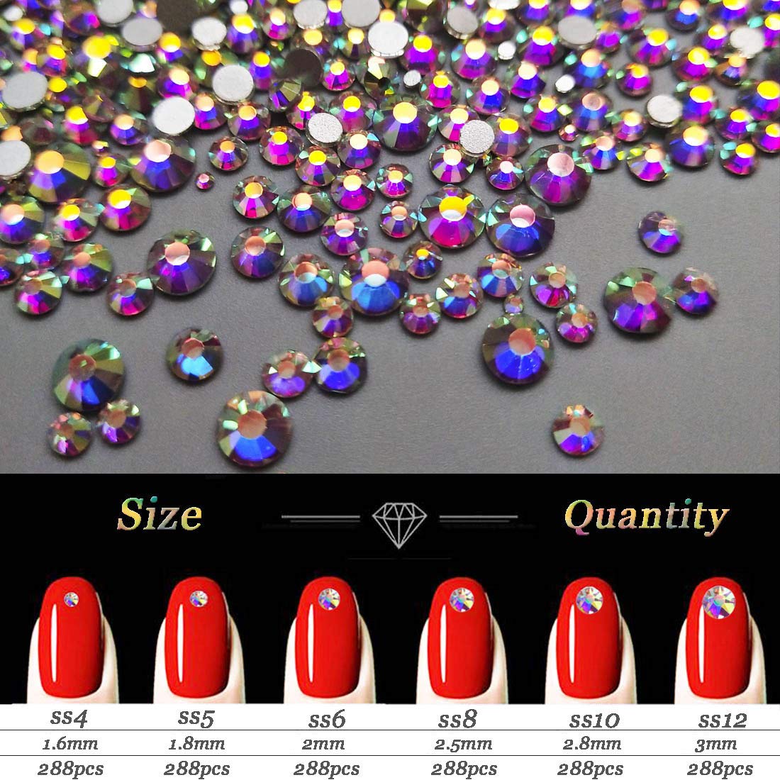 AB Crystal Rhinestones Set 100+1728 Pcs, Round and Multishape AB Glass Rhinestone, Flatback AB Crystals for Nails Clothes Face Jewelry: Beauty