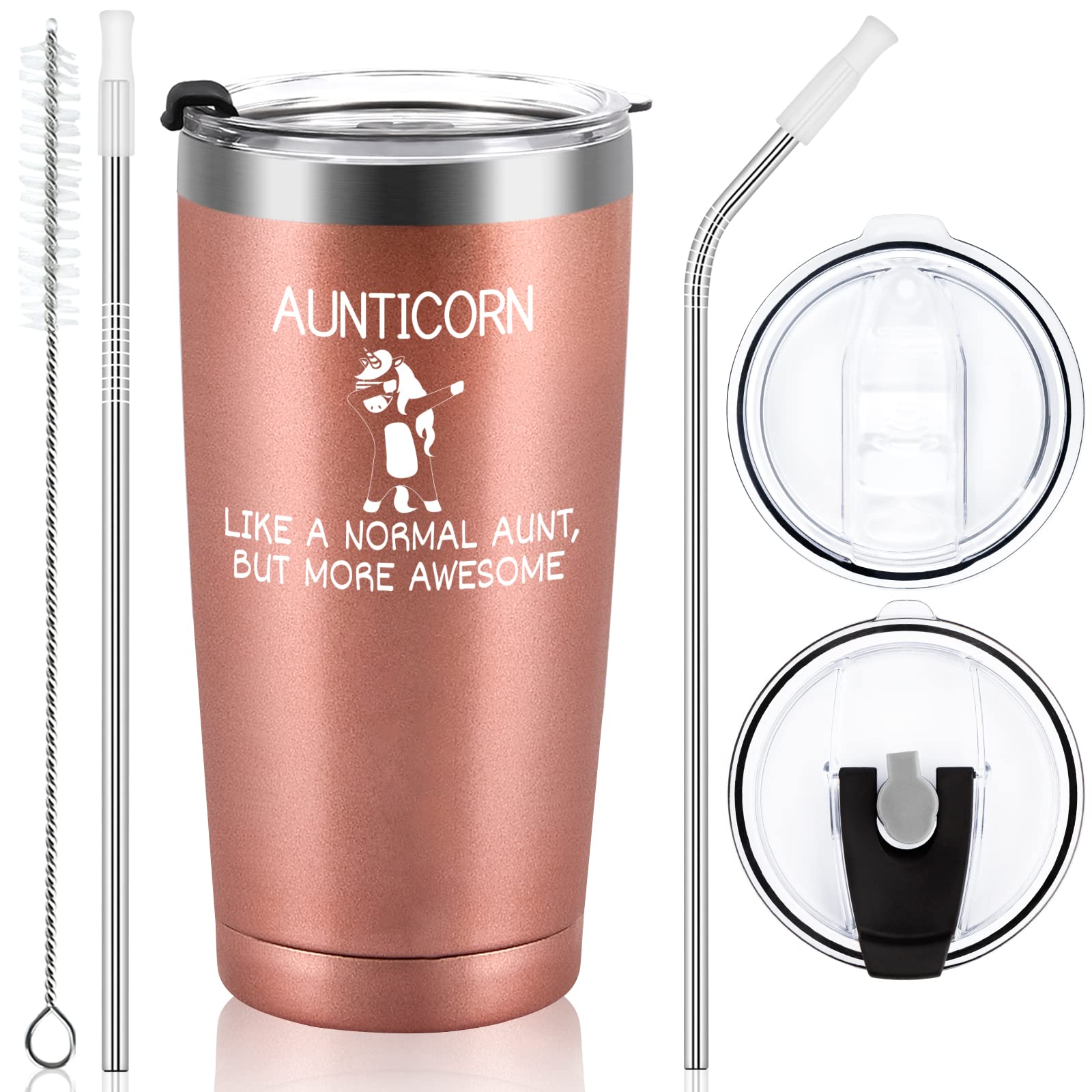 Livole Auntie Birthday Gifts, Christmas Gifts for Auntie, Awesome Aunt Gift from Niece and Nephew, 20oz Double Wall Vacuum Insulated Stemless Wine Tumbler with Straw and Lid, Coffee Mug, Rose Gold