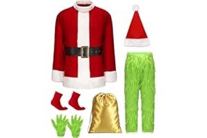 Bapbog Christmas Costume Adult Men 8 Pcs Deluxe Green Furry Monster Costumes Santa Suit for Halloween Xmas Cosplay