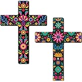 Pinkunn 2 Pcs Mexican Cross Wall Decor Floral Day of The Dead Decoration Hand Painted Wood Wall Art DÃa De Los Muertos Altar Decorations Spanish Cross Decor for Home (Floral)