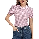 MINTLIMIT Women's Gingham Blouse 2025 Plaid Top Short Sleeve Button Down Peter Pan Collar Shirt