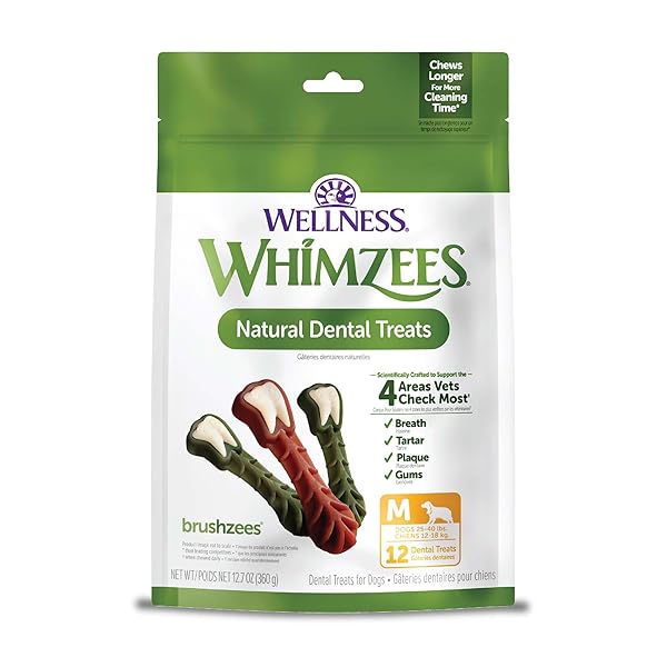 WELLNESS WHIMZEES BRUSHZEES DOG DENTAL TREATS, NATURAL CHEWS, MEDIUM SIZE STICK, (12 COUNT)