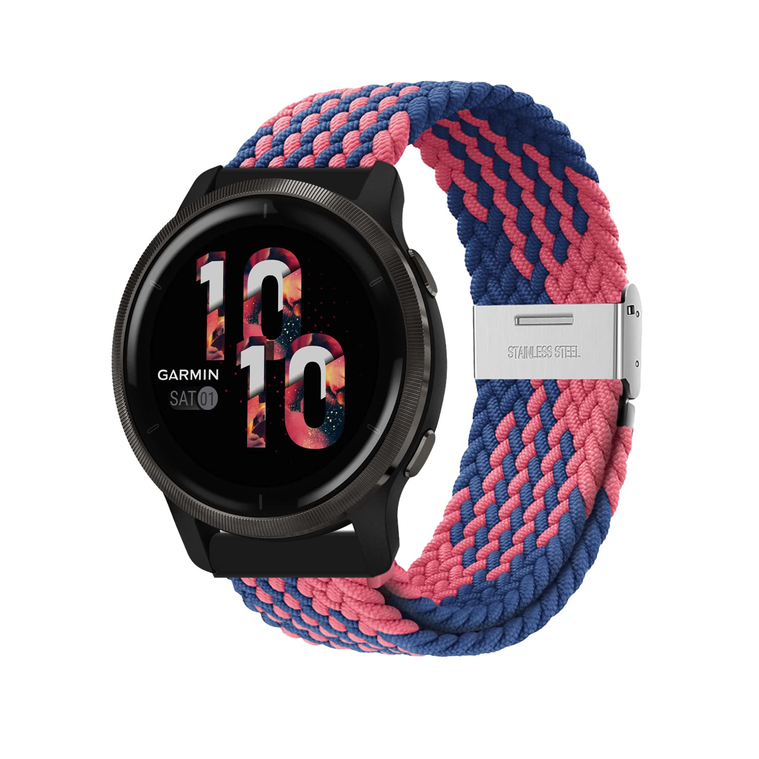 Niboow 22mm Strap for Garmin Venu 3/Venu 2/Vivoactive 4/Forerunner 265/Forerunner 255/Forerunner 255 Music, Elastic Nylon Watch Bands for Huawei Watch GT 4 46mm/Watch 4/Watch 4 Pro - Blue/Pink — image 1