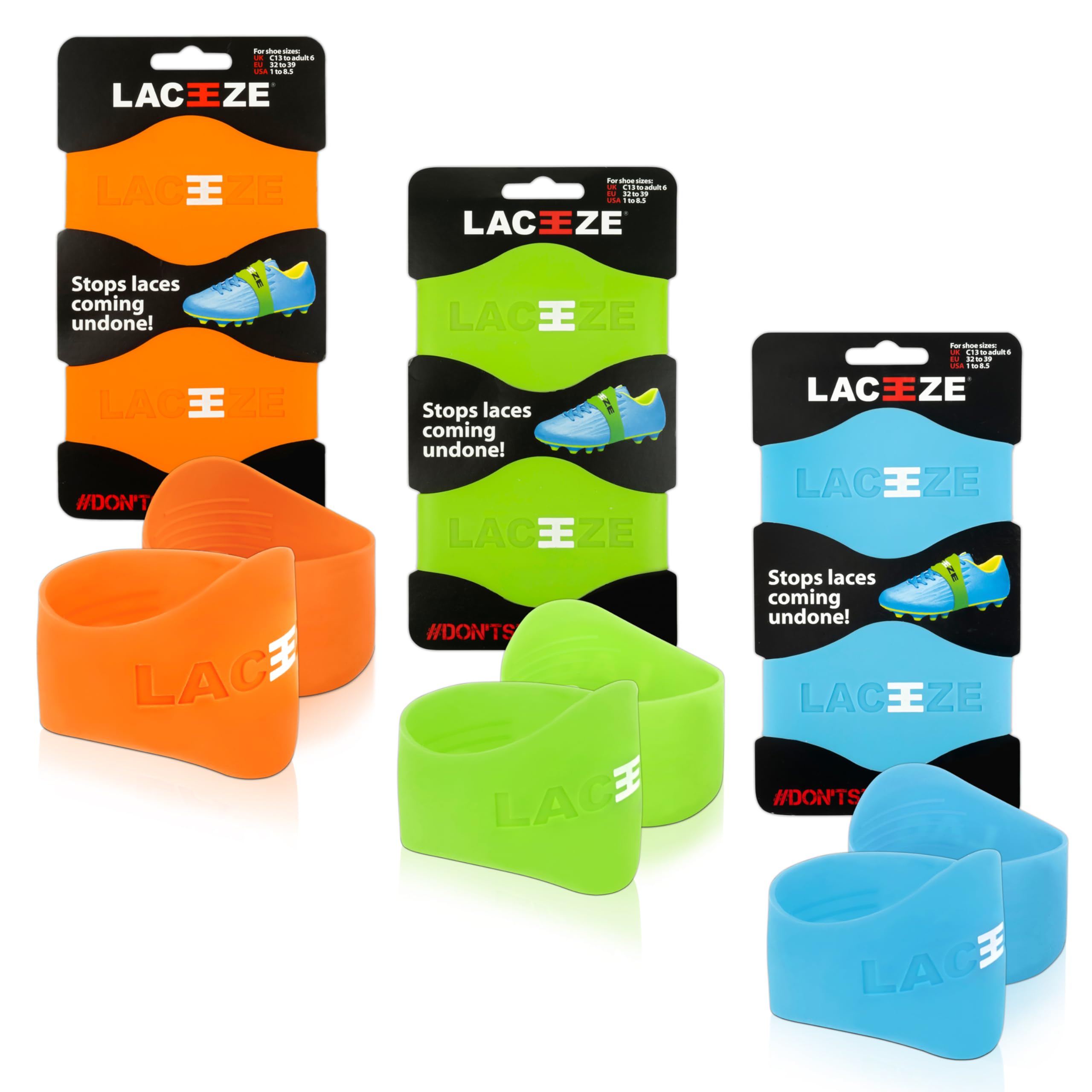 Laceeze Original Bands – As Seen on Dragons' Den – Ribbed Technology – Secure Laces,Prevents Unraveling,Fits Shoe Size C13–UK 6.5,Lime,Orange & Blue,3 Pack,Ideal for Sports Shoes,Football,Rugby,Hockey