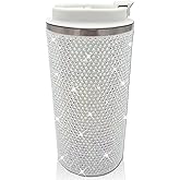 XMYAINA 17oz Rhinestone Insulated Coffee Mug with Leak Proof Lid Stainless Steel Vacuum Bling Travel Coffee Mug Studded Diamond Sparkly Coffee Tumbler Cup Reusable Portable To Go Mugs (Milky)