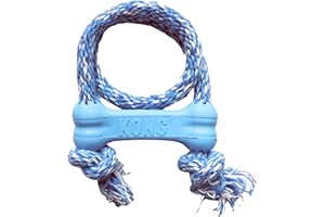 KONG Puppy Goodie Bone with Rope - Natural Rubber Bone with Cotton Rope - Teeth Cleaning Chew Toy for Growing Puppies - for XS Puppies - Blue
