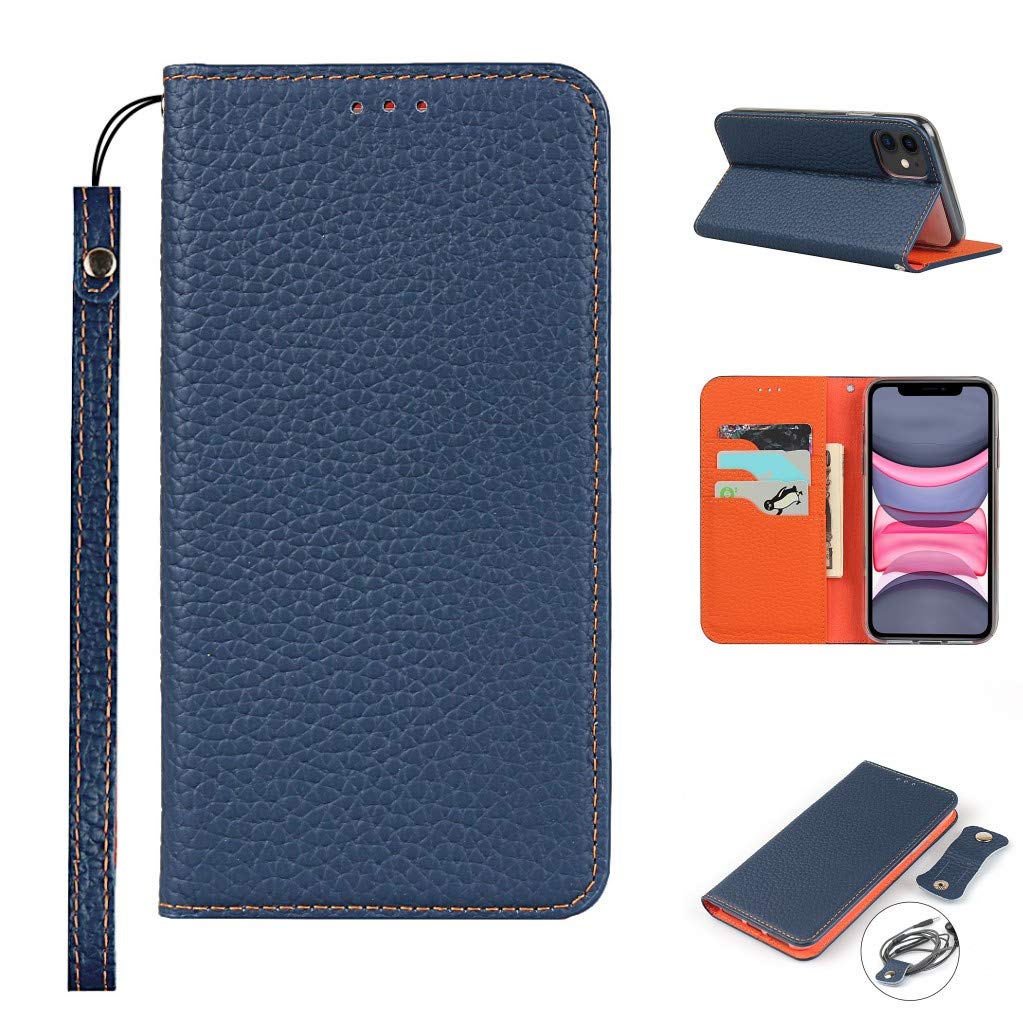 Copmob iPhone 11 Case,Genuine Leather Flip Wallet Case,[3 Card Holders][Magnetic][RFID-Blocking],Protective Phone Case Cover for iPhone 11 - Dark Blue