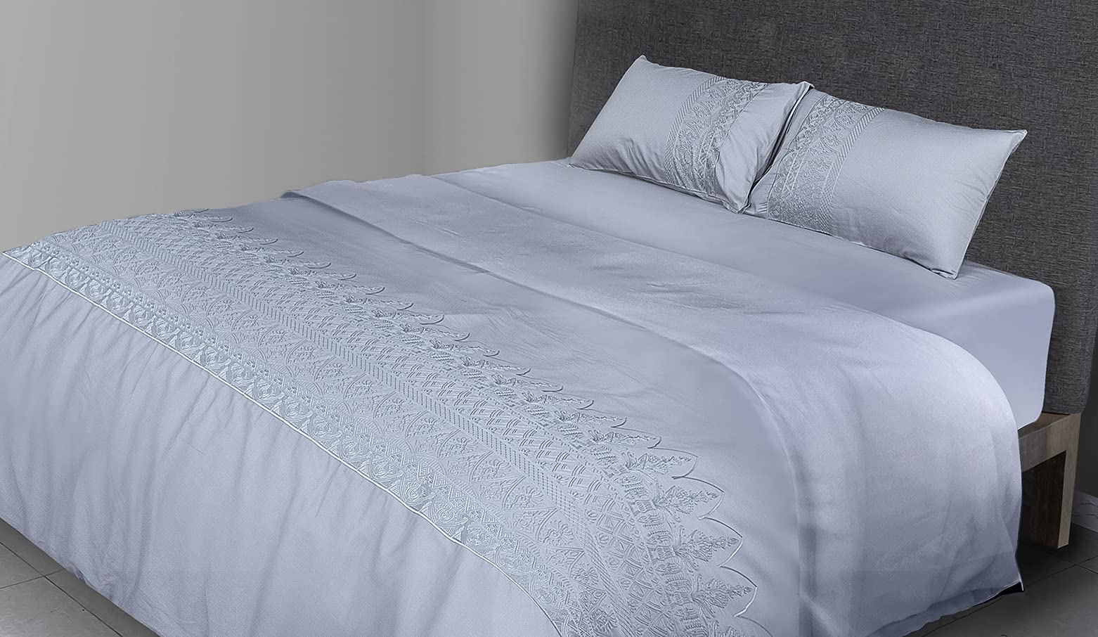 FLAX LINEN 4-Piece Super King Duvet Set, Priscilla Modern Collection, 400 TC Long Staple Organic Egyptian Cotton Bedding, Includes 1 Duvet Cover + 1 Fitted Sheet + 2 Pillowcases, Charcoal