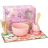Sakura Matcha Whisk Set, 8 PCS Japanese-Style Matcha Kit with Cherry Blossom Matcha Bowl, Bamboo Whisk & Holder, Scoop, Spoon Rest, Wooden-Handle Sifter & Gift Box for Matcha Lovers (Pink)