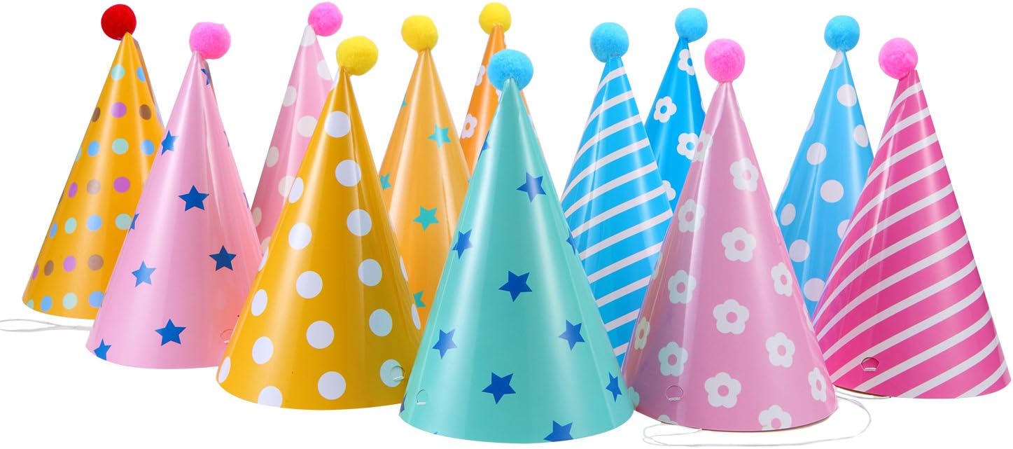 Soamazing Lovely Paper Cone Party Hats for Children's Birthday Jamboree, Pack of 12, Multicoloured, 21