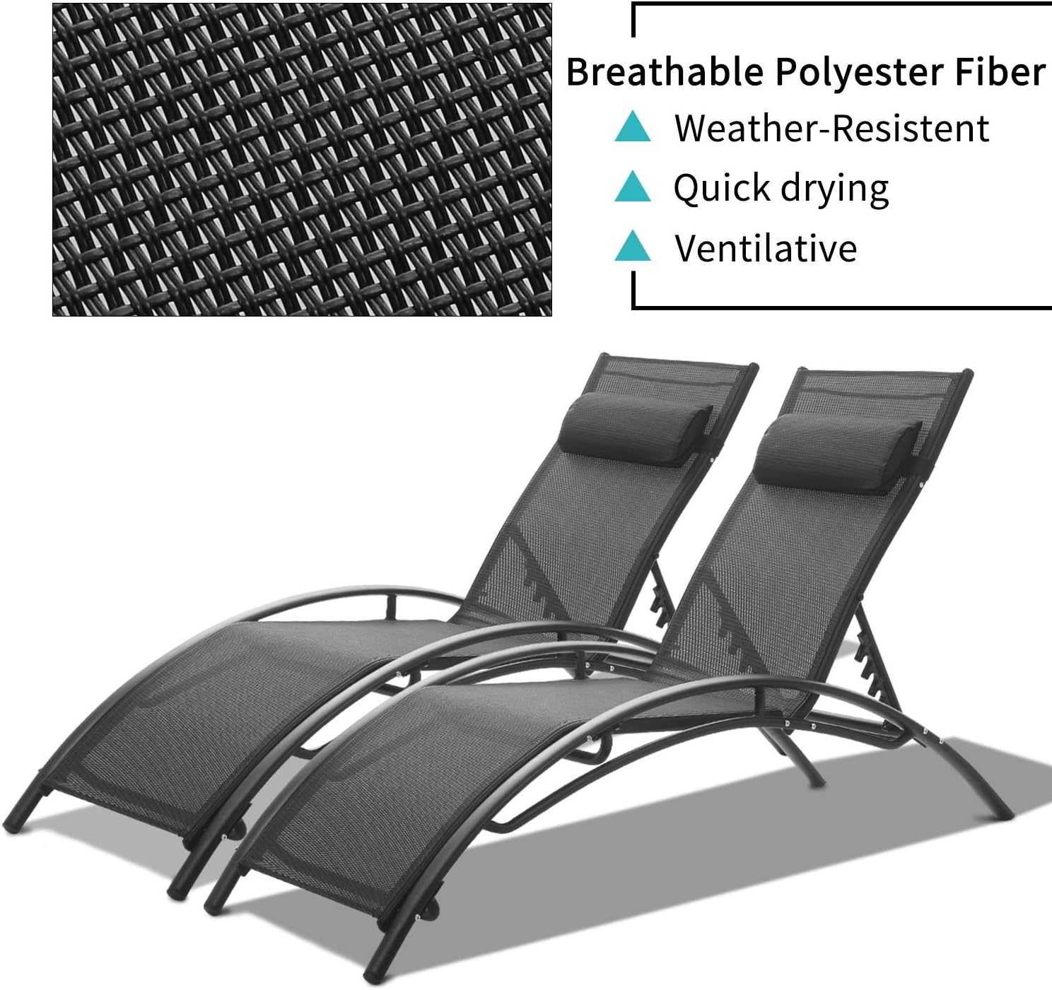 Patio Lounge Chairs Outdoor Pool Chaise Lounges Adjustable for All Weather for Beach Backyard（2-Pack Black: Kitchen & Dining