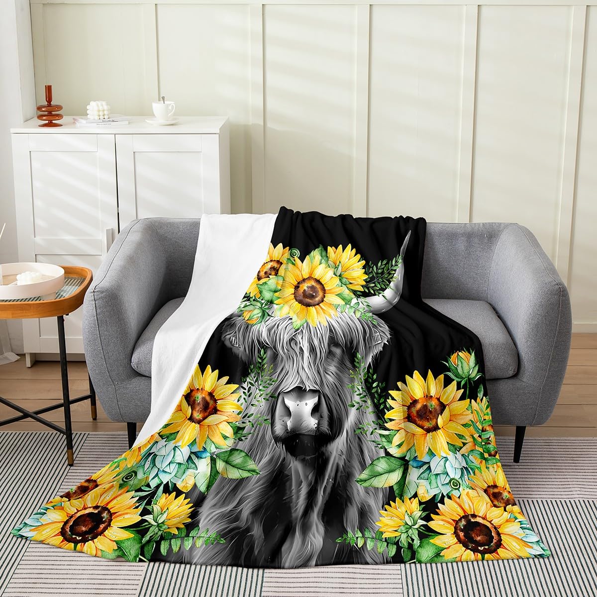 All Season Highland Cow Bed Blanket Kids,Sunflower