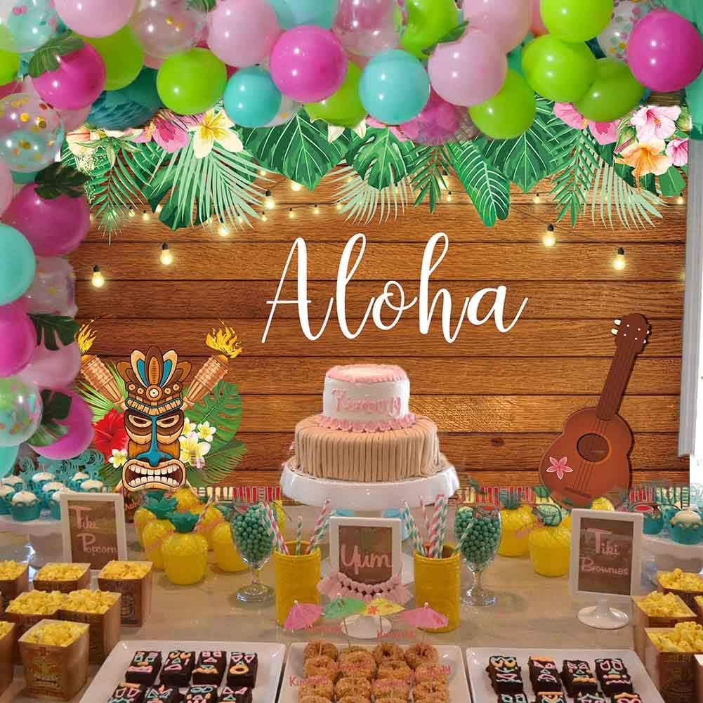 Daniu 7x5FT Aloha Luau Party Backdrop Tropical Hawaiian Flowers Wooden ...