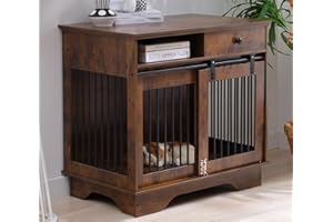 Muhub 35" Furniture Style Dog Crate, Dog Kennel with Storage Drawers, Dog Furniture End Table, Wooden Dog Crate with Sliding Barn Doors, Indoor, for Small/Medium Dogs,Rustic Brown