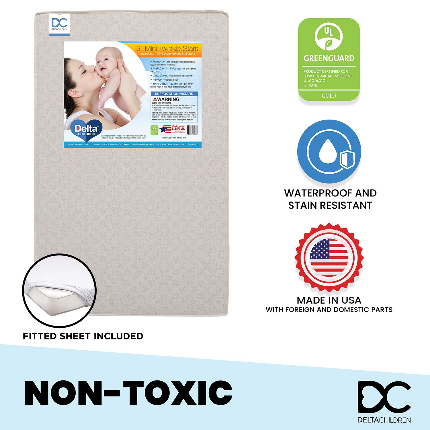 Natural Non Toxic Delta Children Twinkle Stars 3 Inch Mini Crib Mattress With 100 Cotton Fitted Crib Sheet Greenguard Gold Certified Waterproof Lightweight 1 Year Warranty Bedding Kolenik Baby Bedding