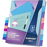 WORPSON 8 Tabs Durable Plastic Write & Erase Large Tabs Dividers for 3 Ring Binders, Rectangle Binder Dividers with Sticker for Study, Teacher, Office, Home Organizers (Multi A, 1 Set (8 Tab))