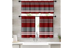 Tayney Red Grey Kitchen Window Curtains and Valances Set, Stripes Geometric Art Rod Pocket Short Tier Curtain, Modern Abstract Small Cafe Drapes for Kitchen Decor