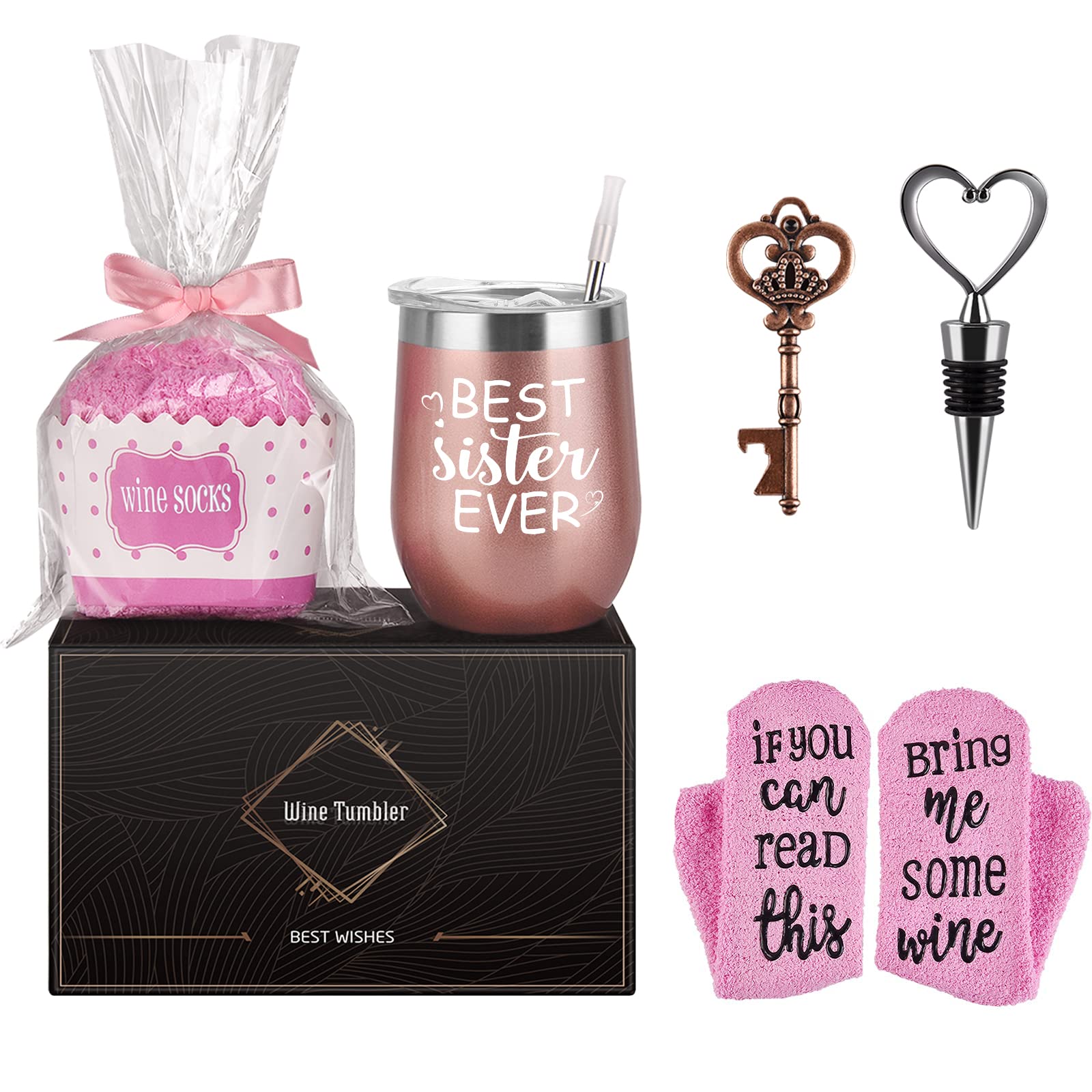 Livole Wine Tumbler Cupcake Socks Gift Set, Birthday Wine Gifts for Sisters, Big Sister Birthday Gifts, Best Sister Ever Mug, 12 Oz Stainless Steel Wine Glass with Lid and Straw, Socks, Bottle Opener