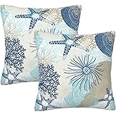 Nautical Coastal Pillow Covers 18x18 Inch Set of 2 Blue Beach Theme Ocean Seashell Coral Starfish Throw Pillow Covers Summer Pillow Cases Cushion Covers for Couch Bed Sofa Decor