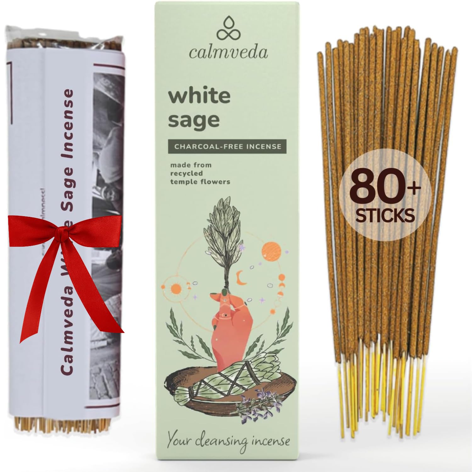 Calmveda White Sage Incense Sticks for Cleansing - (80 Scent Sticks) Charcoal Free, Made from Upcycled Flowers | Protection Incense to Cleanse Negative Energy — image 1