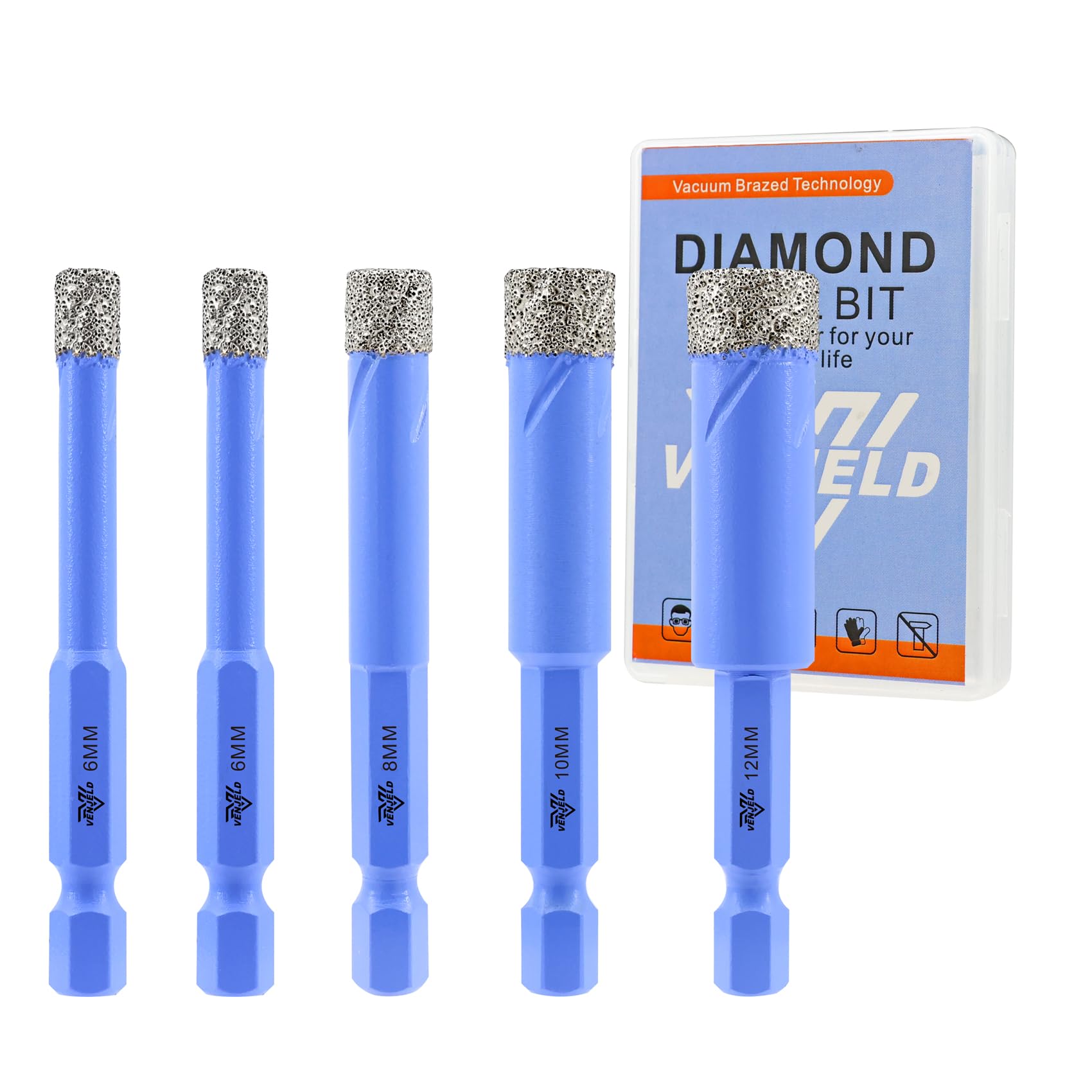 Dry Diamond Drill Bits Set - 6/6/8/10/12mm 5Pcs Tile Hole Saw Kit for Ceramic Porcelain Tile Marble Granite - Quick Change Hex Shank with Storage Case