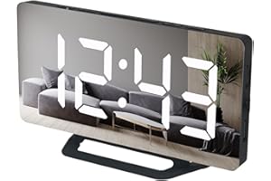 PIDOTI Alarm Clock for Bedrooms & Heavy Sleepers Adults or Kids - Mirror LED Digital Large Display for Desk Wall Home Living Room Office Decor with Auto Dimmer Mode Dual USB Charger Ports 12/24H (Black)