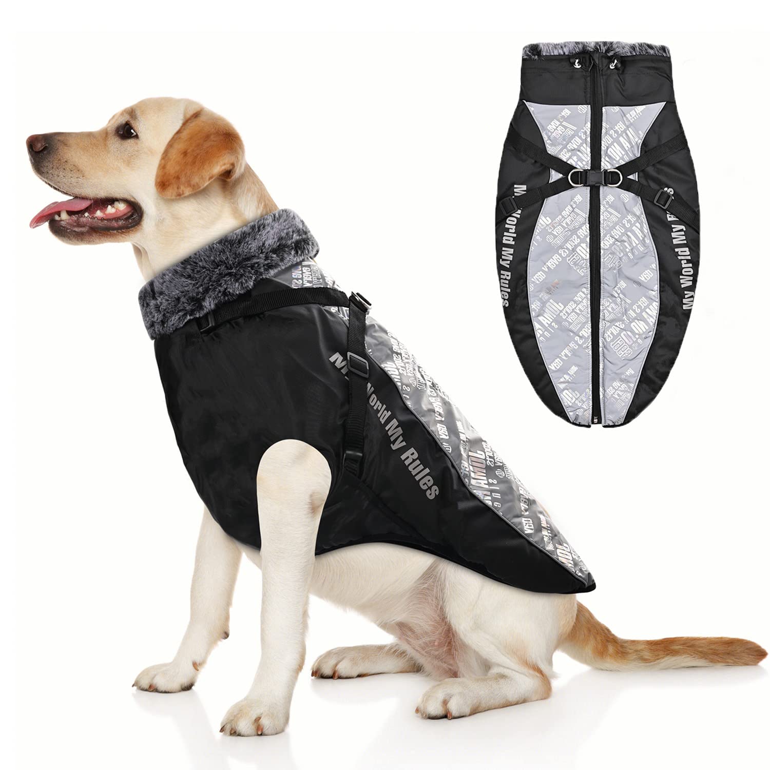 YUDISEN Dog Winter Coat Jacket, Dog Waterproof Warm Vest With Fluffy Turtleneck, Reflective Safety Stripe Clothes Windproof for Medium Large Dogs (Light White, 6XL)