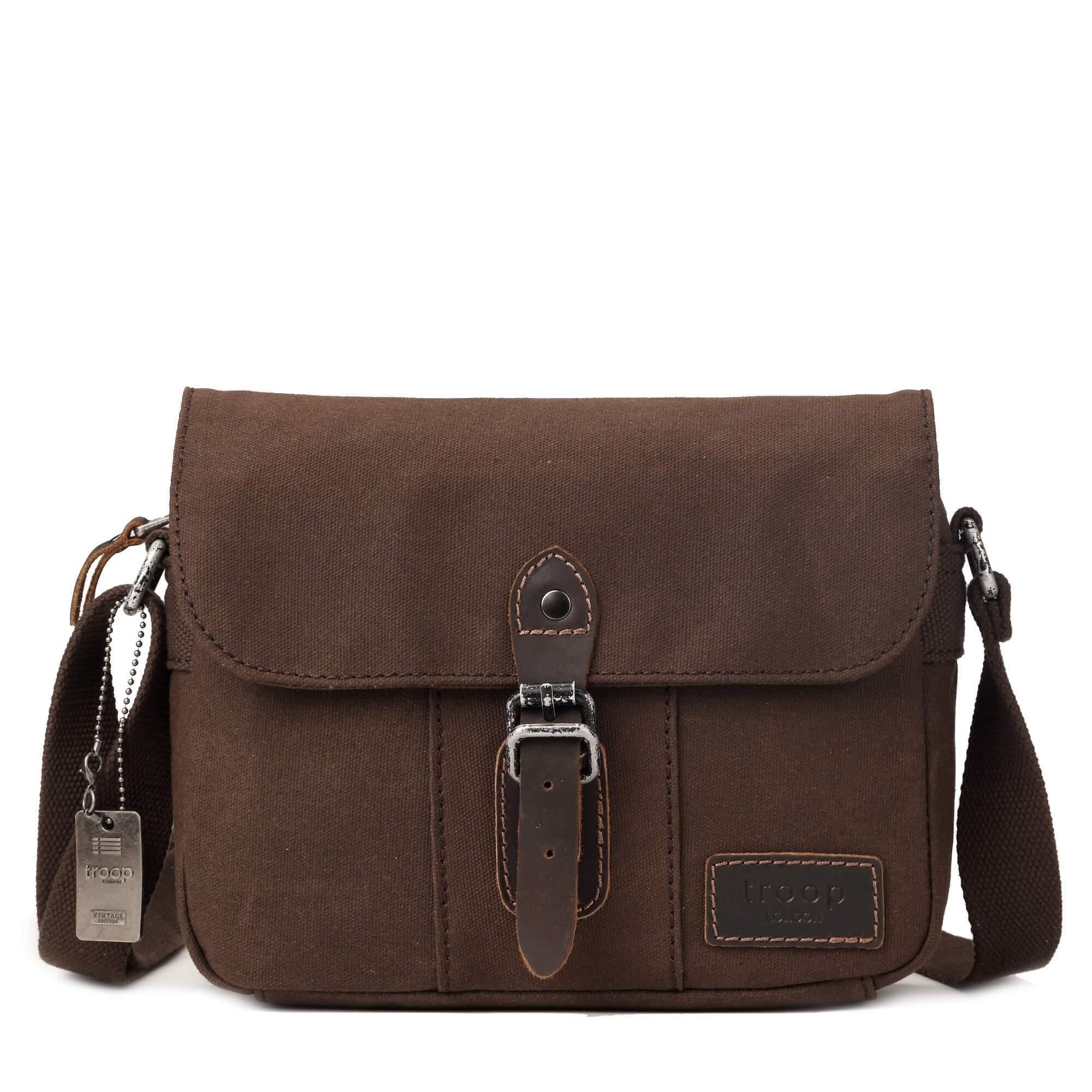 TRP0440 Troop London Heritage Canvas Leather Across body Bag, Small Travel Bag - Dark Brown