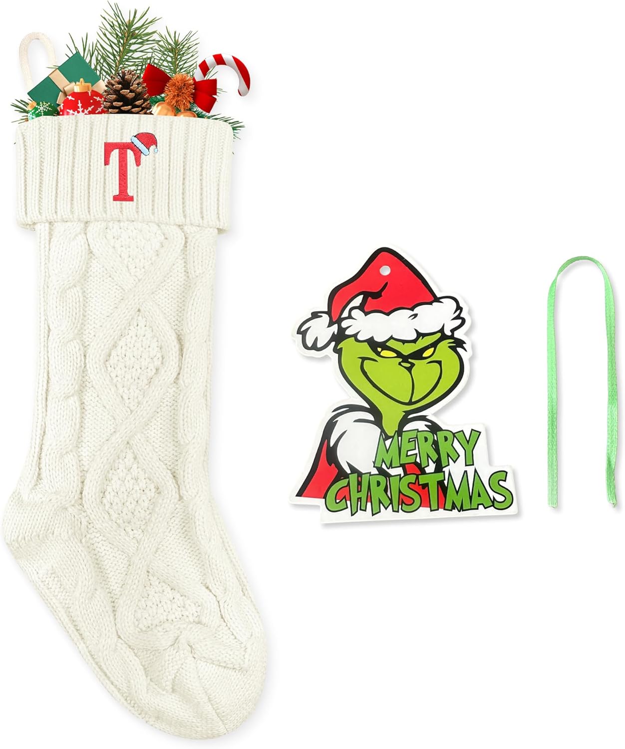 Stockings & Holders - CRSTAFU T Personalized Christmas Stockings, 20 Inch Large Family Embroidered Initials White Knitted Xmas Stocking