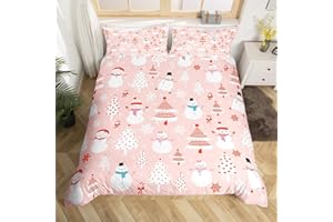 FEELYOU Christmas Kids Bedding Set Cartoon Snowman Bedding Duvet Cover Set for Boys Girls Christmas Tree Decor Comforter Cover Set Pink Dots Xmas Theme Bedspread Cover Bedroom Quilt Cover 3Pcs Full Size