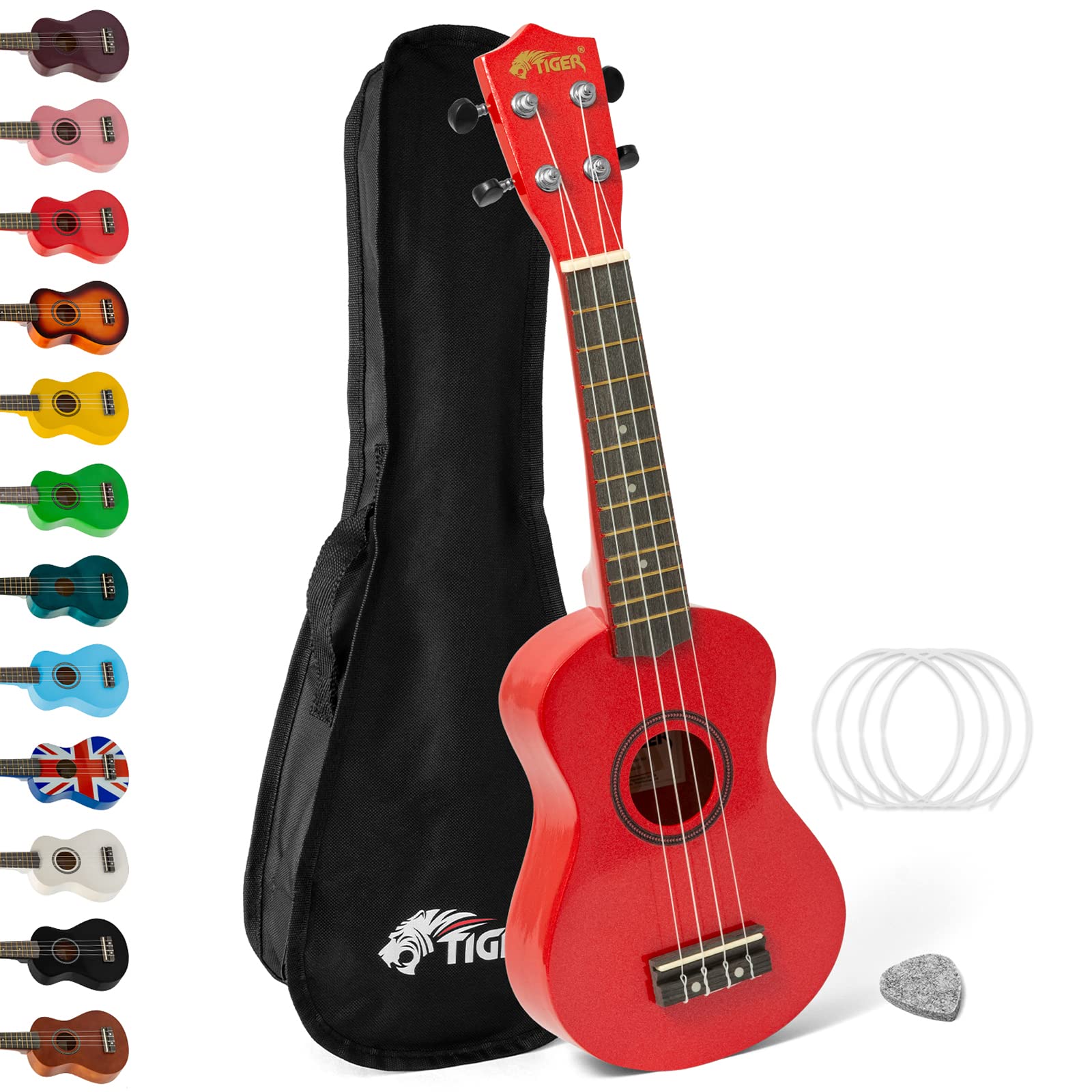 Tiger UKE7-RD Soprano Ukulele - Ideal for Beginners and Schools – Includes Gig Bag, Felt Pick, Spare Strings now with Aquila Strings – Red