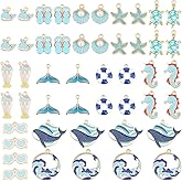 BEAMARKER 1 Box 48Pcs 12 Styles Sea Turtle Charm Ocean Beach Charms Bulk Alloy Enamel Fishtail Starfish Seashell Ocean Animal Marine Pendants for Jewelry Making Necklace Earring Bracelets DIY Crafting