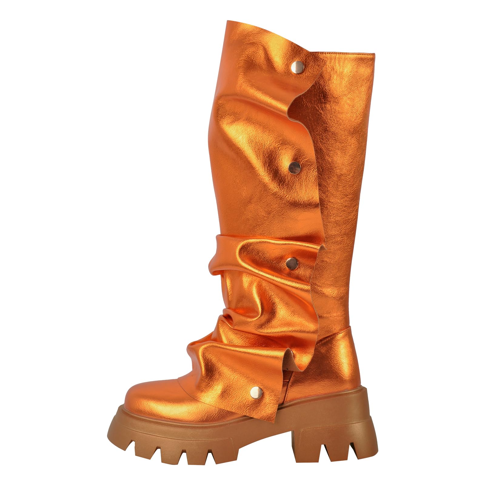 Photo 1 of sexytag Women's Metallic Slouchy Boots Platform Mid Calf Fold Over Boots Ruched Detachable Snap Button Block Chunky Heel Lug Sole Round Toe Pull On Western Fall Fashion Boot Orange Size 6