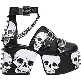 DETOGNI Women's Skull Gothic Platform Wedge Sandals | Skull studs and hanging chains, chunky wedge heel. Gothic punk style for parties, festivals, streetwear.