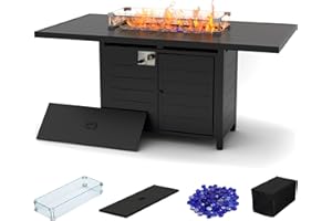 PIZZELLO Propane Gas FirePit Table 62" Outdoor Fire Pit Rectangular Aluminum Fire Table with Wind Guard, Lid, Rain Cover, 50,000 BTU Auto-Ignition for Outside Garden Backyard Deck Patio, Black